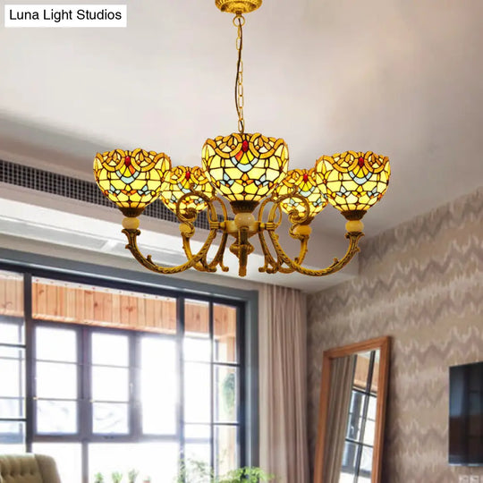 Mediterranean Stained Glass Dome Chandelier With 5 Orange And Blue Drop Pendants For Living Room