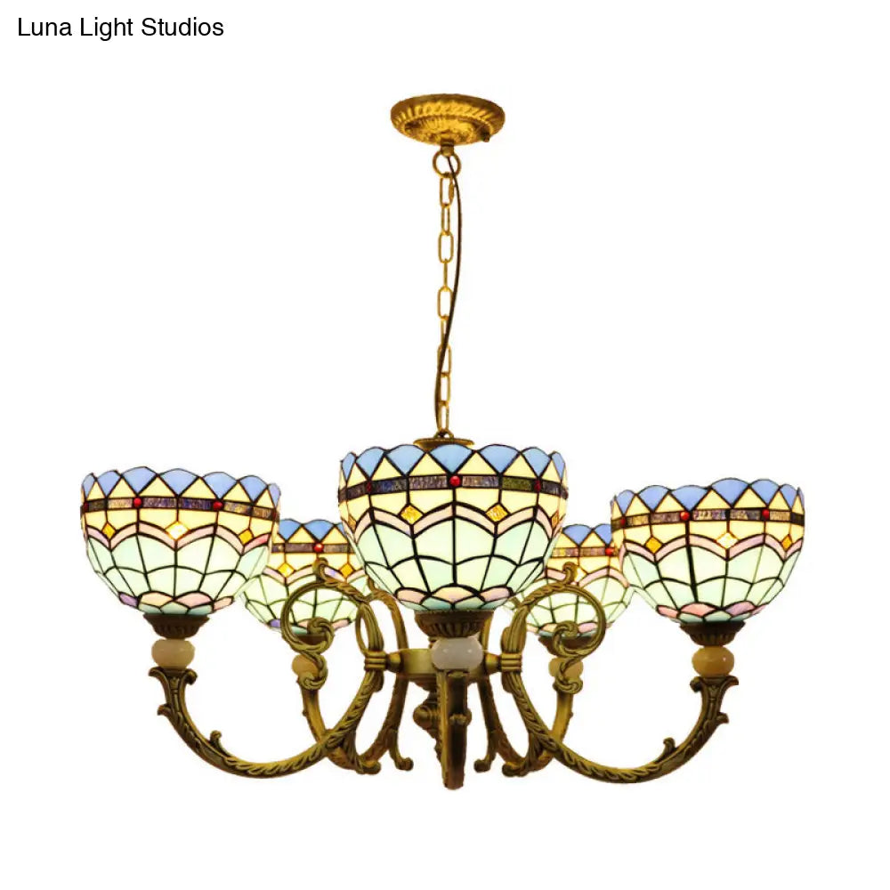 Mediterranean Stained Glass Dome Chandelier With 5 Orange And Blue Drop Pendants For Living Room