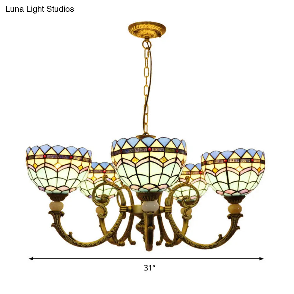 Mediterranean Dome Chandelier Lighting With Stained Glass Pendant - 5 Lights Orange/Blue Ideal For