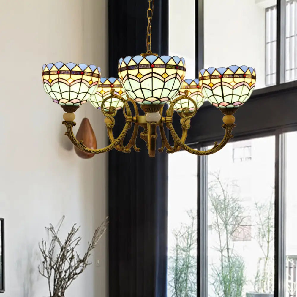 Mediterranean Stained Glass Dome Chandelier With 5 Orange And Blue Drop Pendants For Living Room