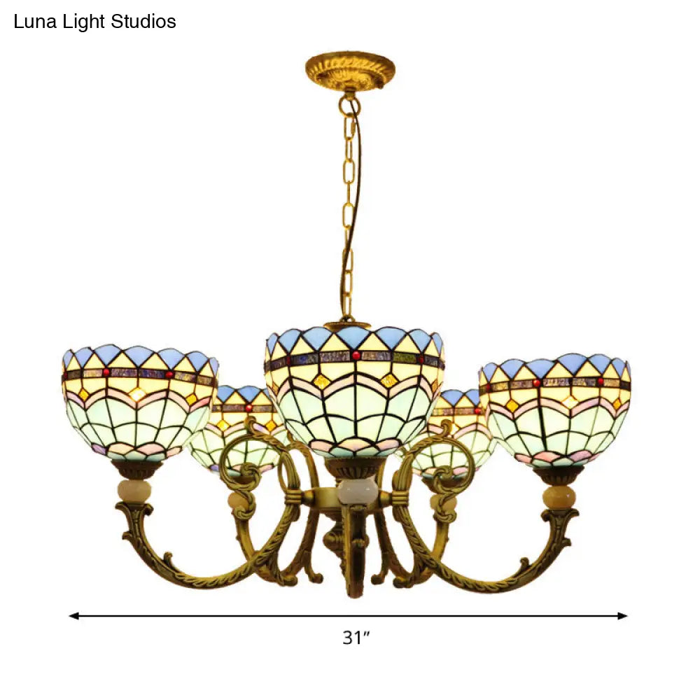 Mediterranean Stained Glass Dome Chandelier With 5 Orange And Blue Drop Pendants For Living Room