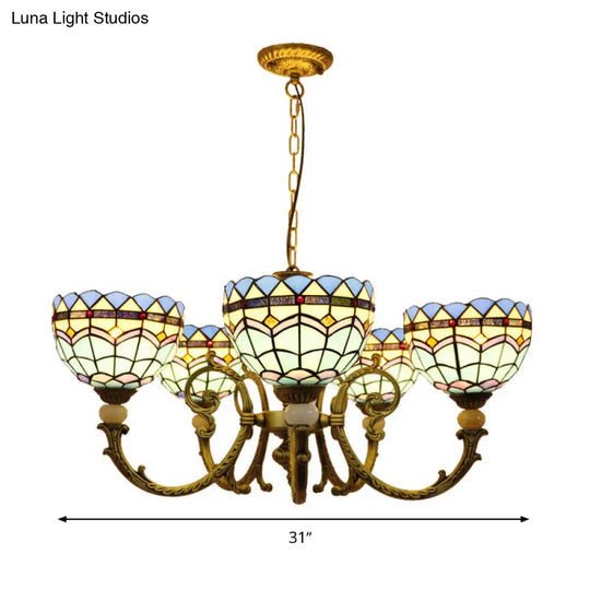 Mediterranean Stained Glass Dome Chandelier With 5 Orange And Blue Drop Pendants For Living Room