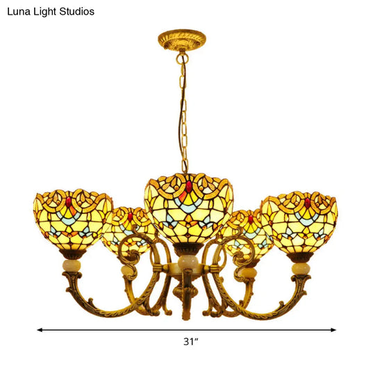 Mediterranean Stained Glass Dome Chandelier With 5 Orange And Blue Drop Pendants For Living Room