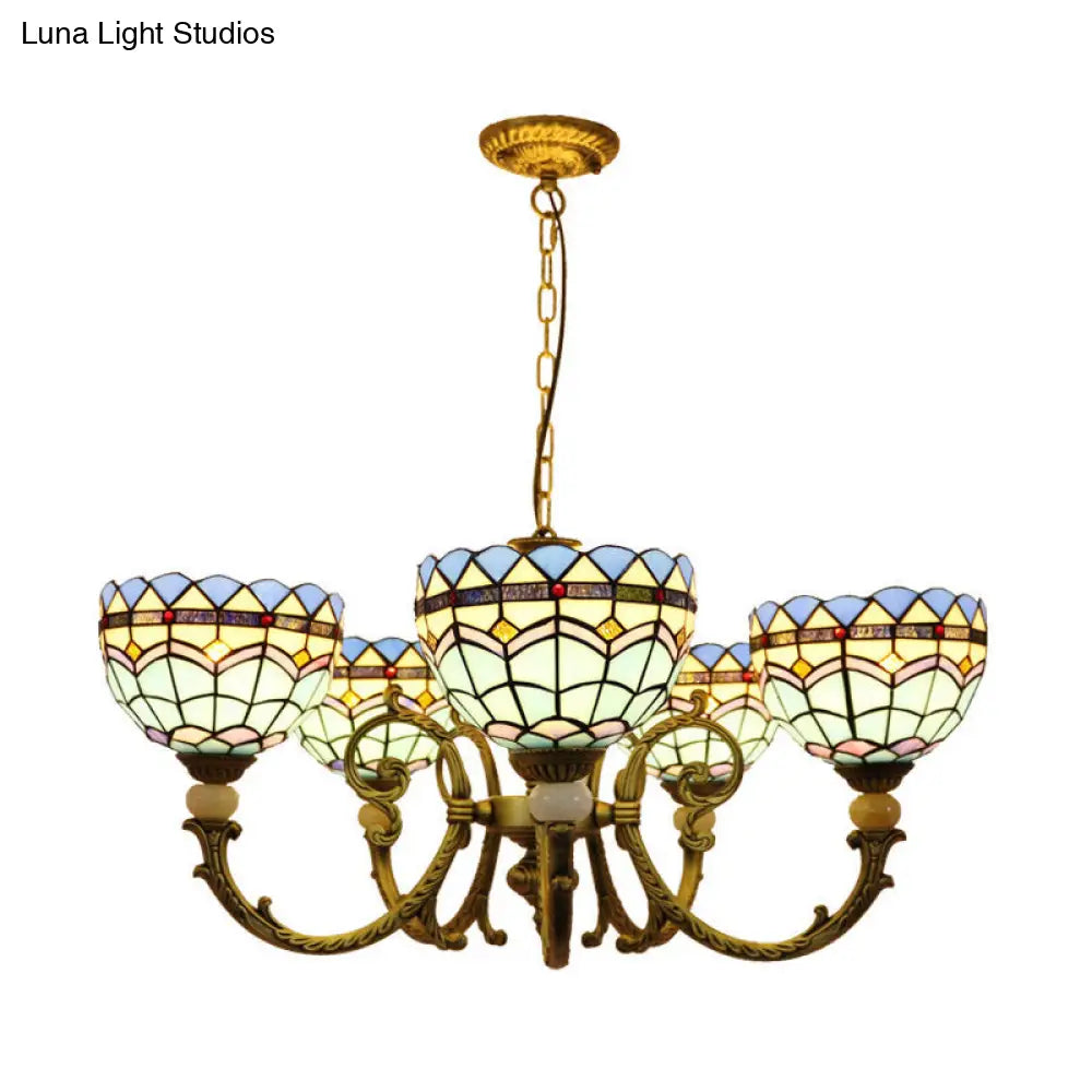 Mediterranean Dome Chandelier Lighting With Stained Glass Pendant - 5 Lights Orange/Blue Ideal For