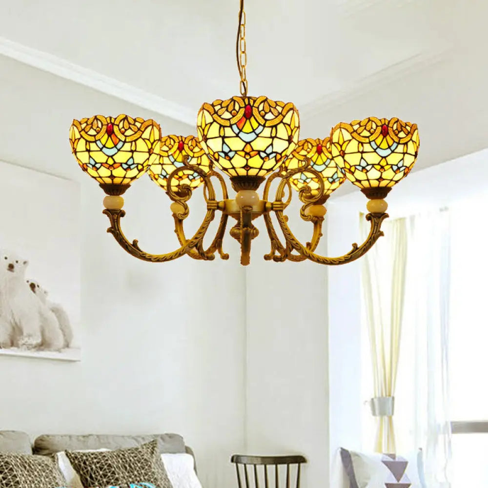 Mediterranean Stained Glass Dome Chandelier With 5 Orange And Blue Drop Pendants For Living Room