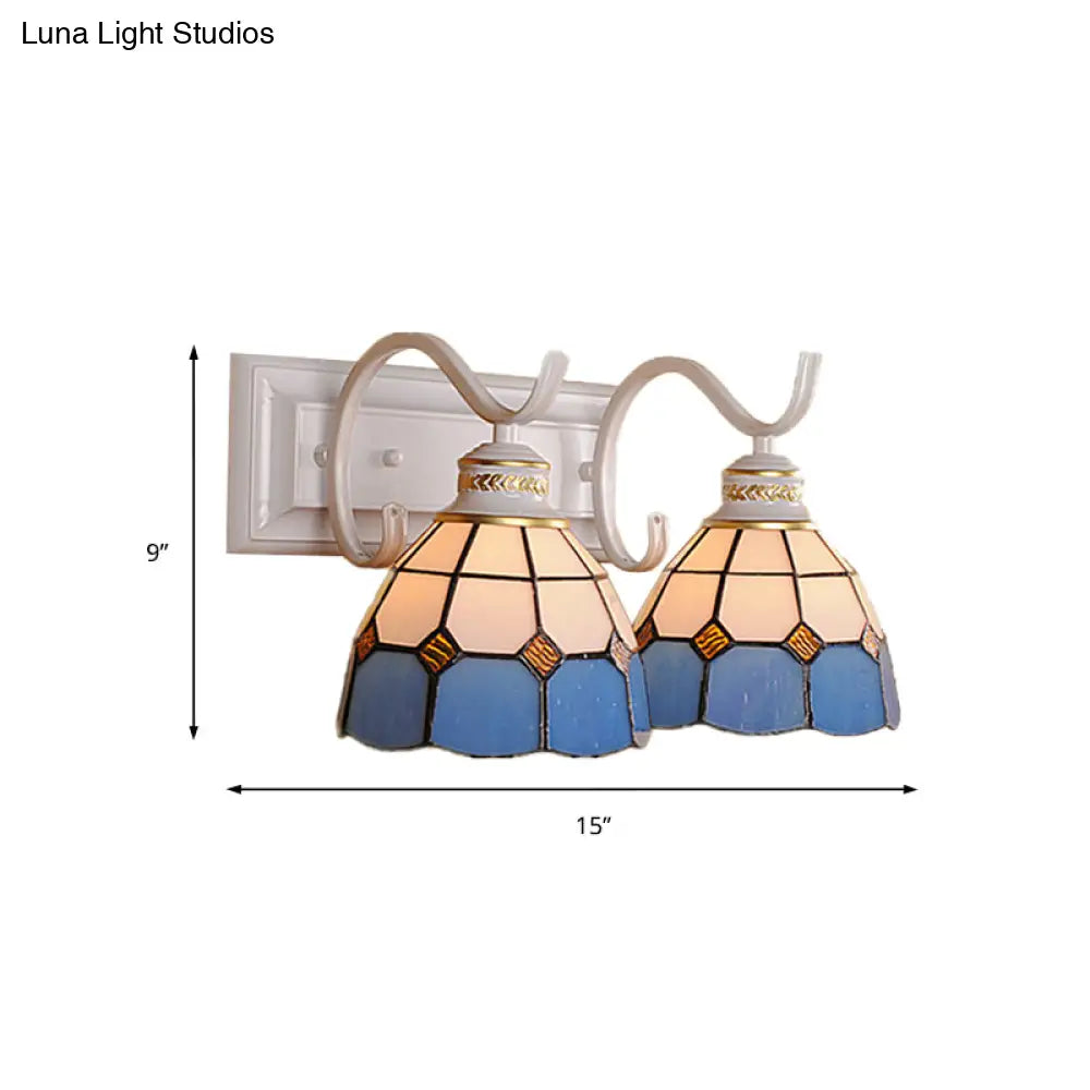 Mediterranean Stained Glass Domed Wall Light Fixture With 2 Lights In White/Black - Perfect For