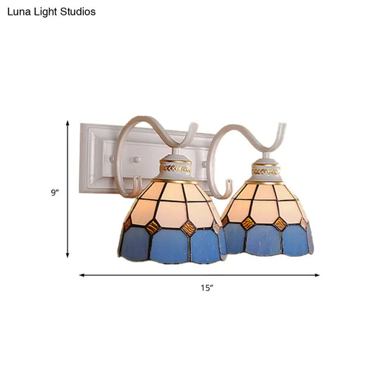 Mediterranean Stained Glass Domed Wall Light Fixture With 2 Lights In White/Black - Perfect For