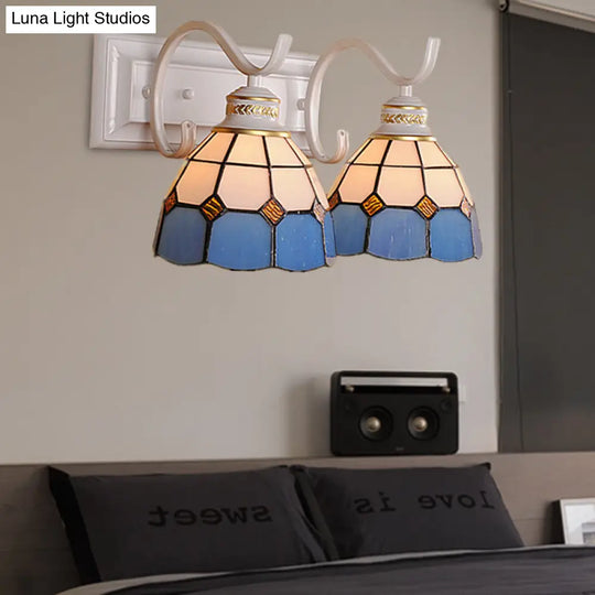 Mediterranean Stained Glass Domed Wall Light Fixture With 2 Lights In White/Black - Perfect For