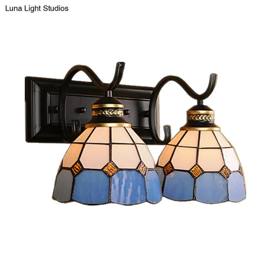 Mediterranean Stained Glass Domed Wall Light Fixture With 2 Lights In White/Black - Perfect For