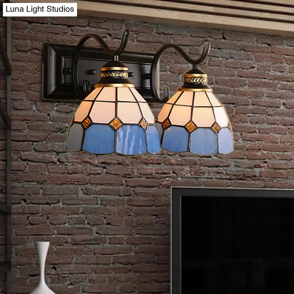 Mediterranean Stained Glass Domed Wall Light Fixture With 2 Lights In White/Black - Perfect For