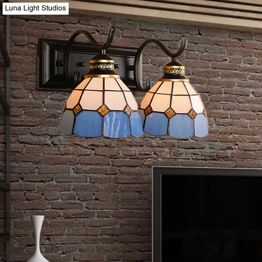 Mediterranean Stained Glass Domed Wall Light Fixture With 2 Lights In White/Black - Perfect For