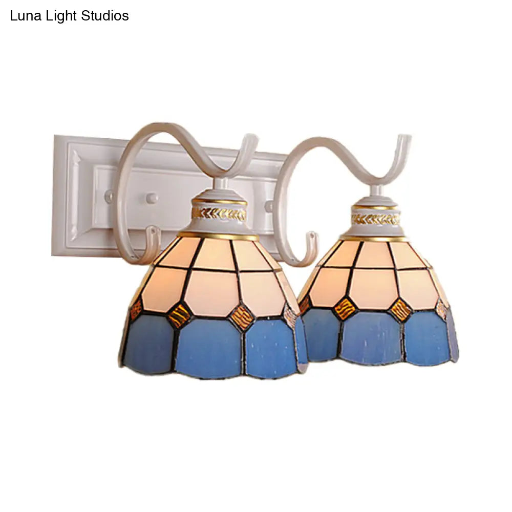 Mediterranean Stained Glass Domed Wall Light Fixture With 2 Lights In White/Black - Perfect For