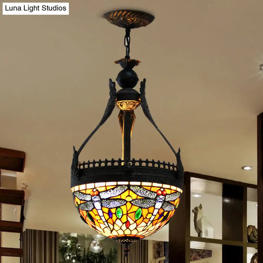 Mediterranean Stained Glass Dragonfly Chandelier Lamp - 3 Lights Orange/Green Pendant