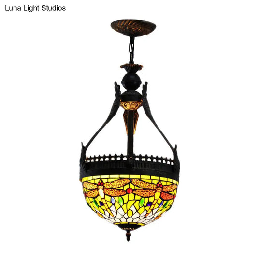 Mediterranean Dragonfly Chandelier Lamp: Stained Glass Orange/Green 3 Lights Hanging Pendant