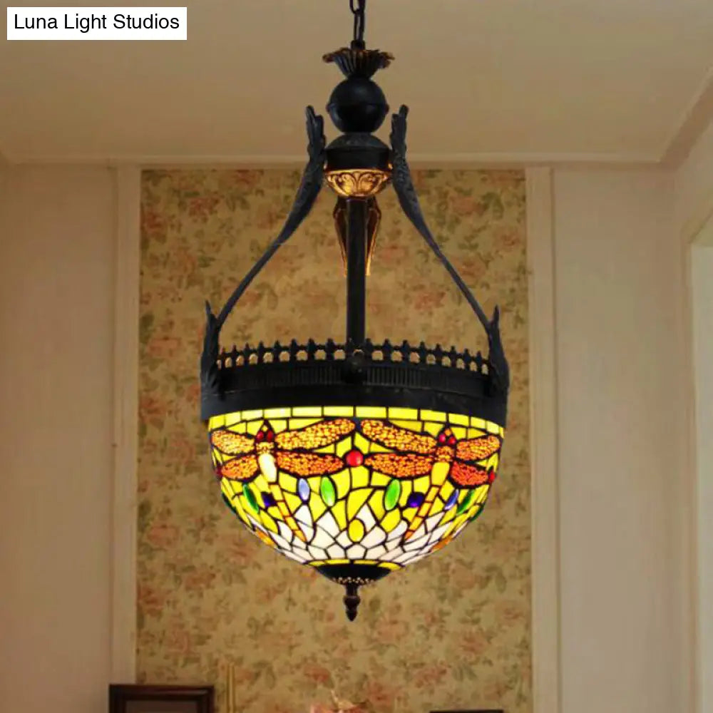 Mediterranean Dragonfly Chandelier Lamp: Stained Glass Orange/Green 3 Lights Hanging Pendant Green