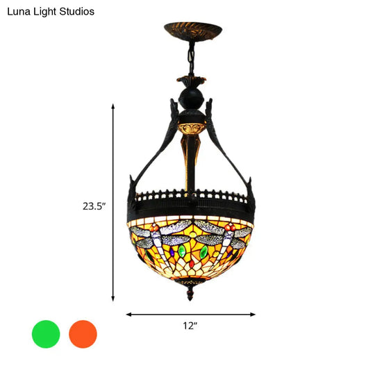 Mediterranean Dragonfly Chandelier Lamp: Stained Glass Orange/Green 3 Lights Hanging Pendant