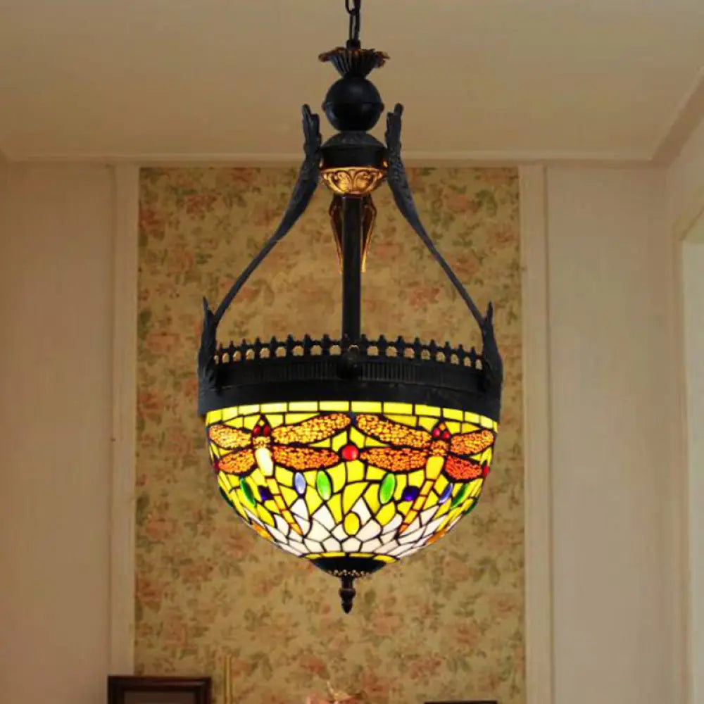 Mediterranean Stained Glass Dragonfly Chandelier Lamp - 3 Lights Orange/Green Pendant Green