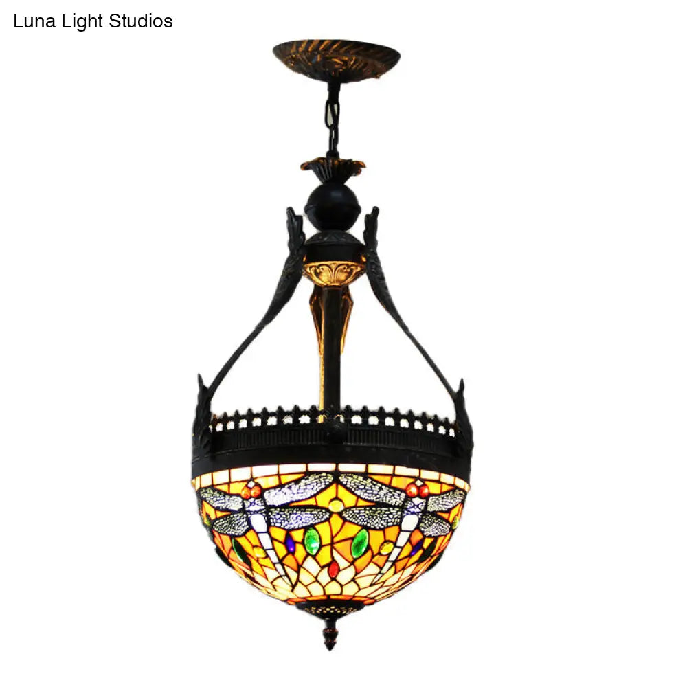 Mediterranean Dragonfly Chandelier Lamp: Stained Glass Orange/Green 3 Lights Hanging Pendant