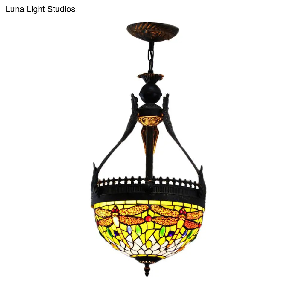 Mediterranean Stained Glass Dragonfly Chandelier Lamp - 3 Lights Orange/Green Pendant