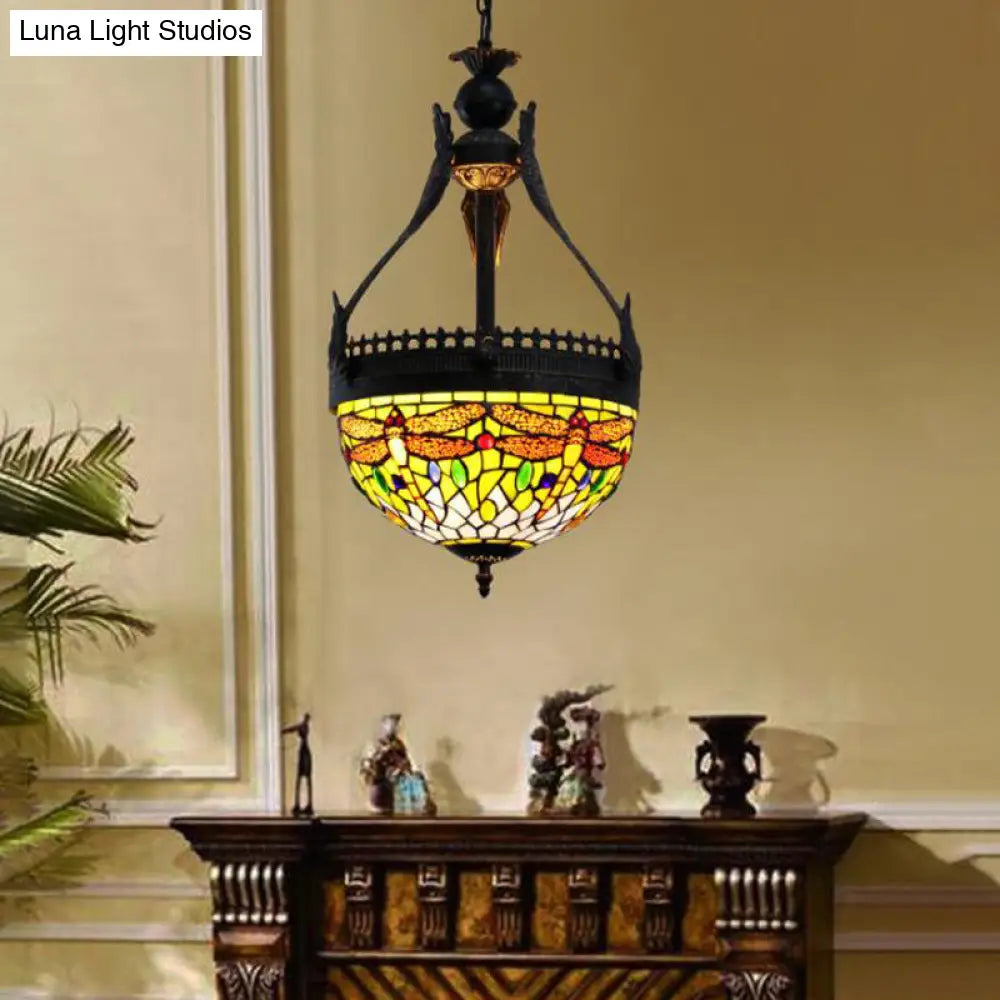 Mediterranean Dragonfly Chandelier Lamp: Stained Glass Orange/Green 3 Lights Hanging Pendant