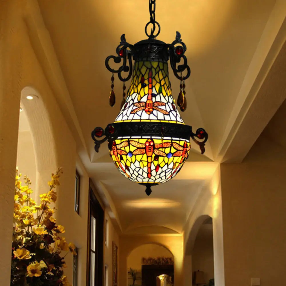 Mediterranean Stained Glass Dragonfly Pendant Light Fixture: 1-Light Red Suspension Lighting