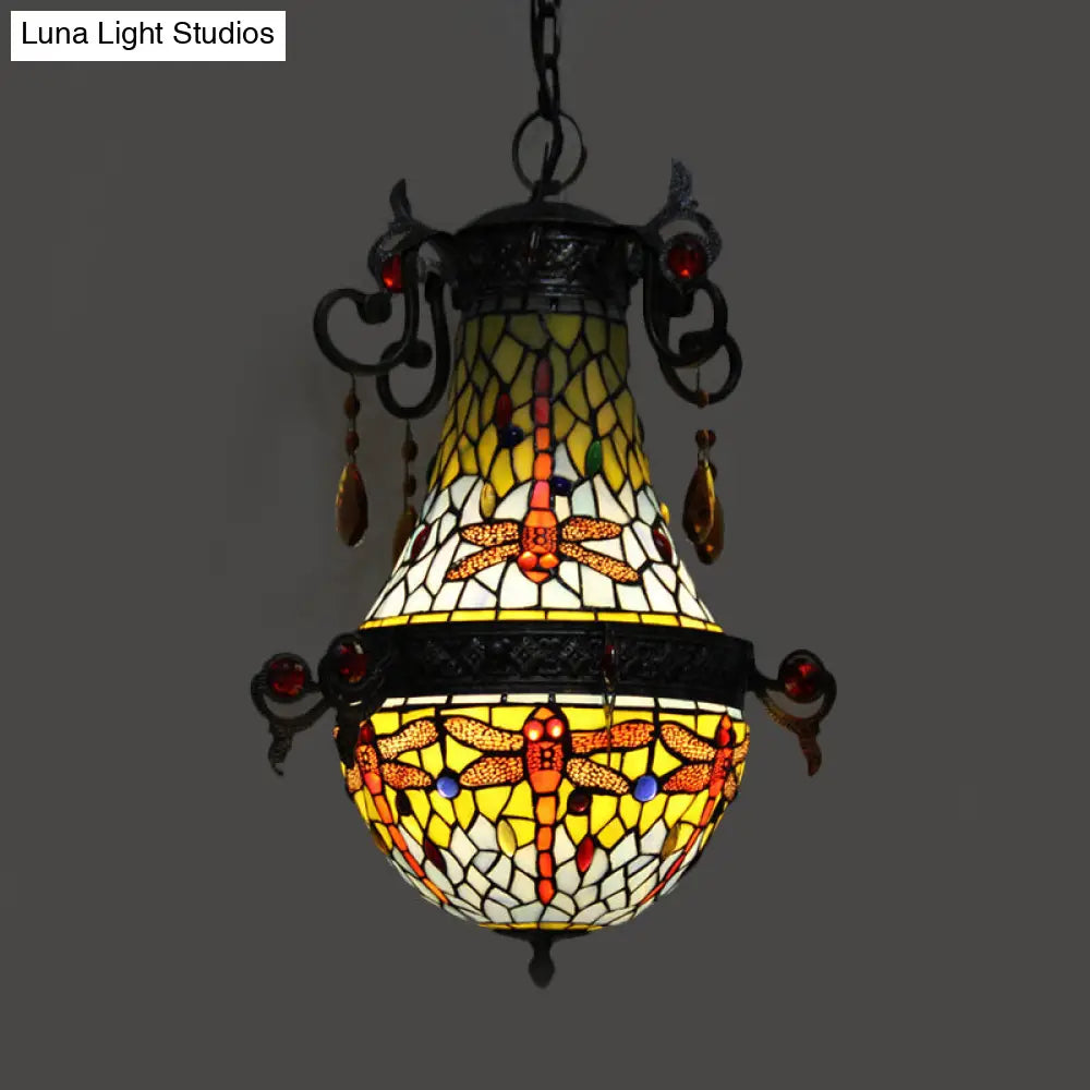 Mediterranean Stained Glass Dragonfly Pendant Light Fixture: 1-Light Red Suspension Lighting