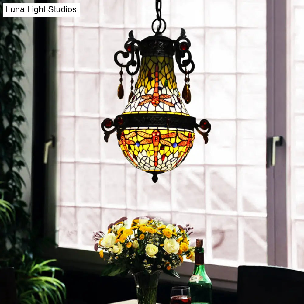 Mediterranean Stained Glass Dragonfly Pendant Light Fixture: 1-Light Red Suspension Lighting