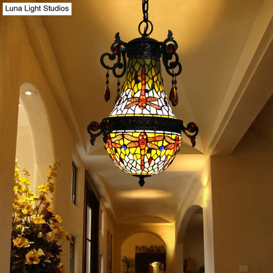 Dragonfly Pendant Light Fixture: Mediterranean Red Stained Glass 1-Light Suspension Lighting