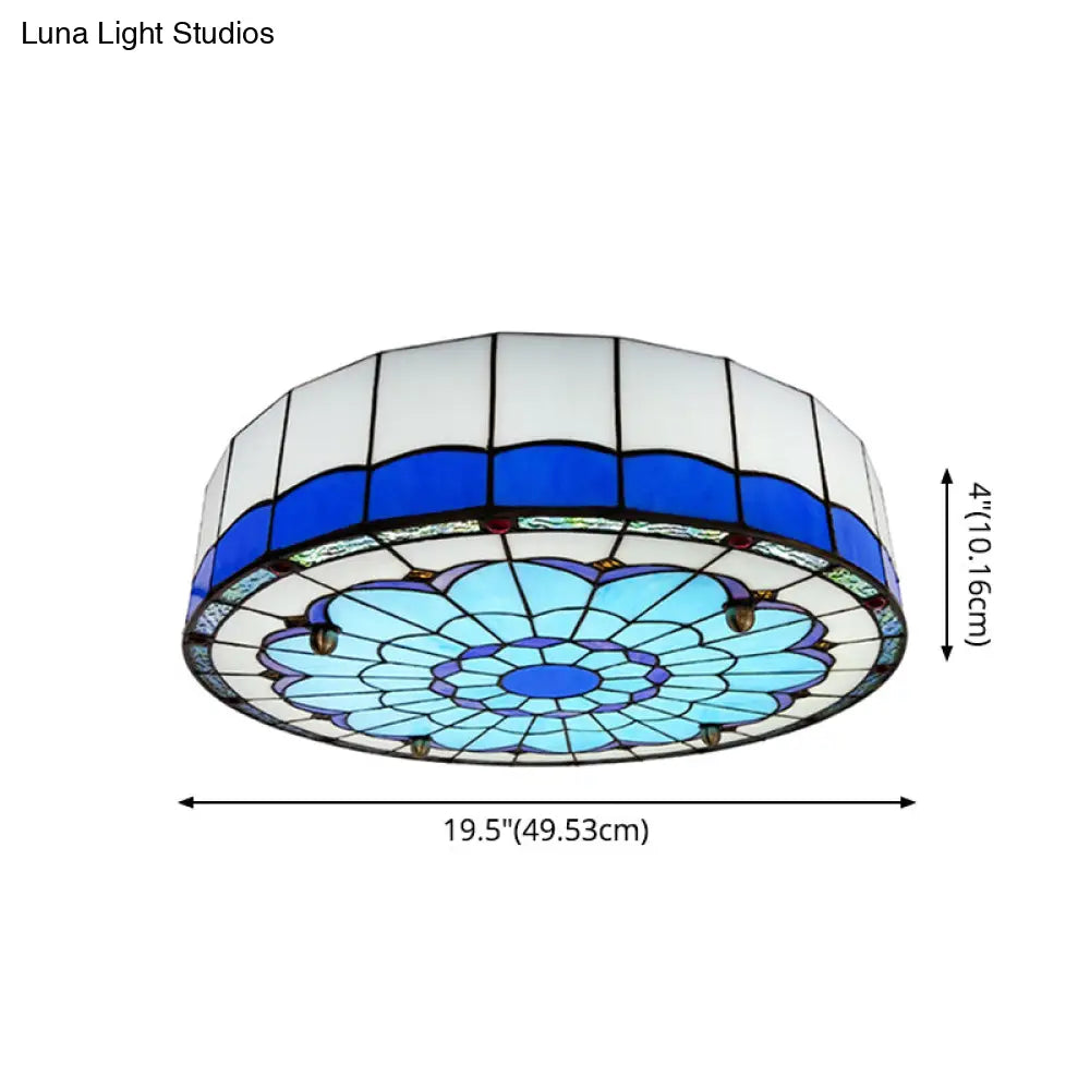 Mediterranean Stained Glass Drum Ceiling Mount Light For Bedroom