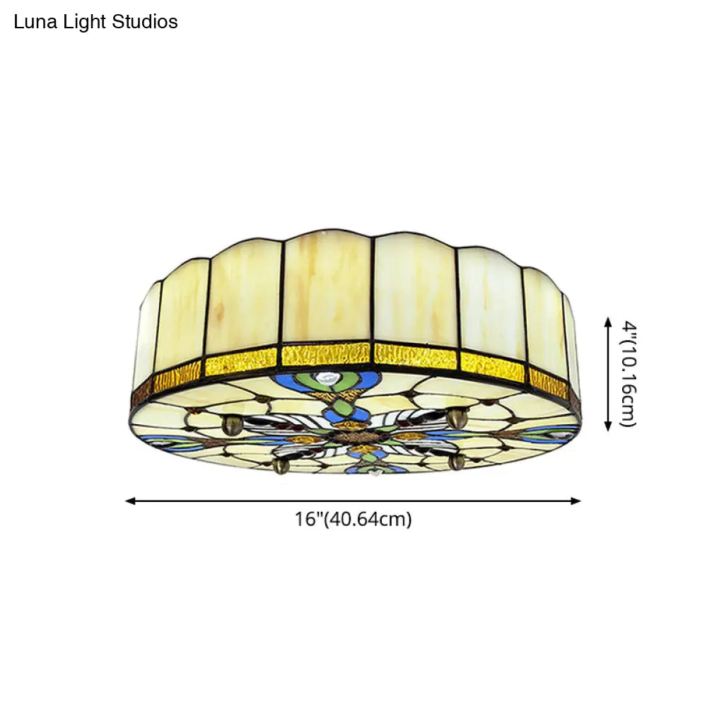 Mediterranean Stained Glass Drum Ceiling Mount Light For Bedroom