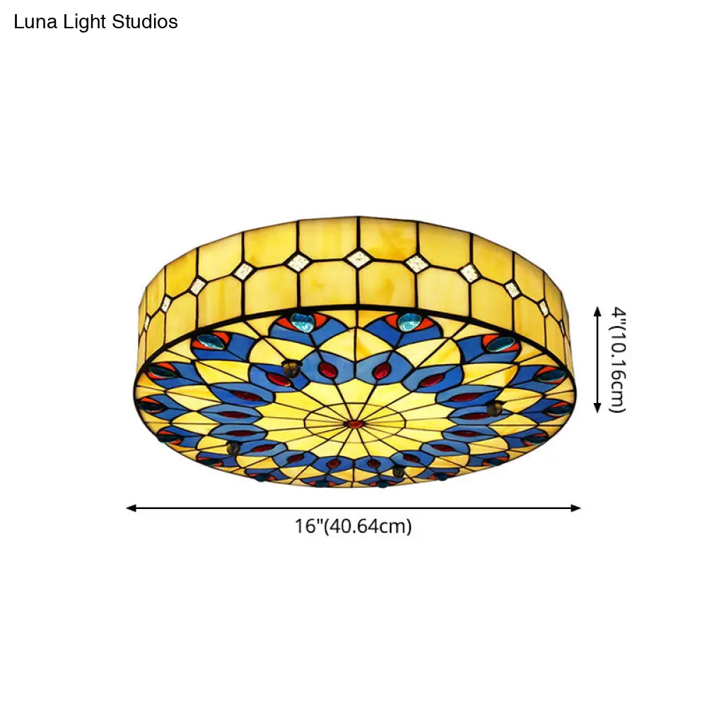 Mediterranean Stained Glass Drum Ceiling Mount Light For Bedroom