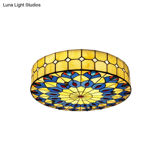 Mediterranean Stained Glass Drum Ceiling Mount Light For Bedroom Yellow / 16