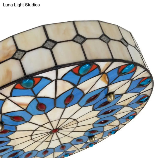 Mediterranean Stained Glass Drum Ceiling Mount Light For Bedroom