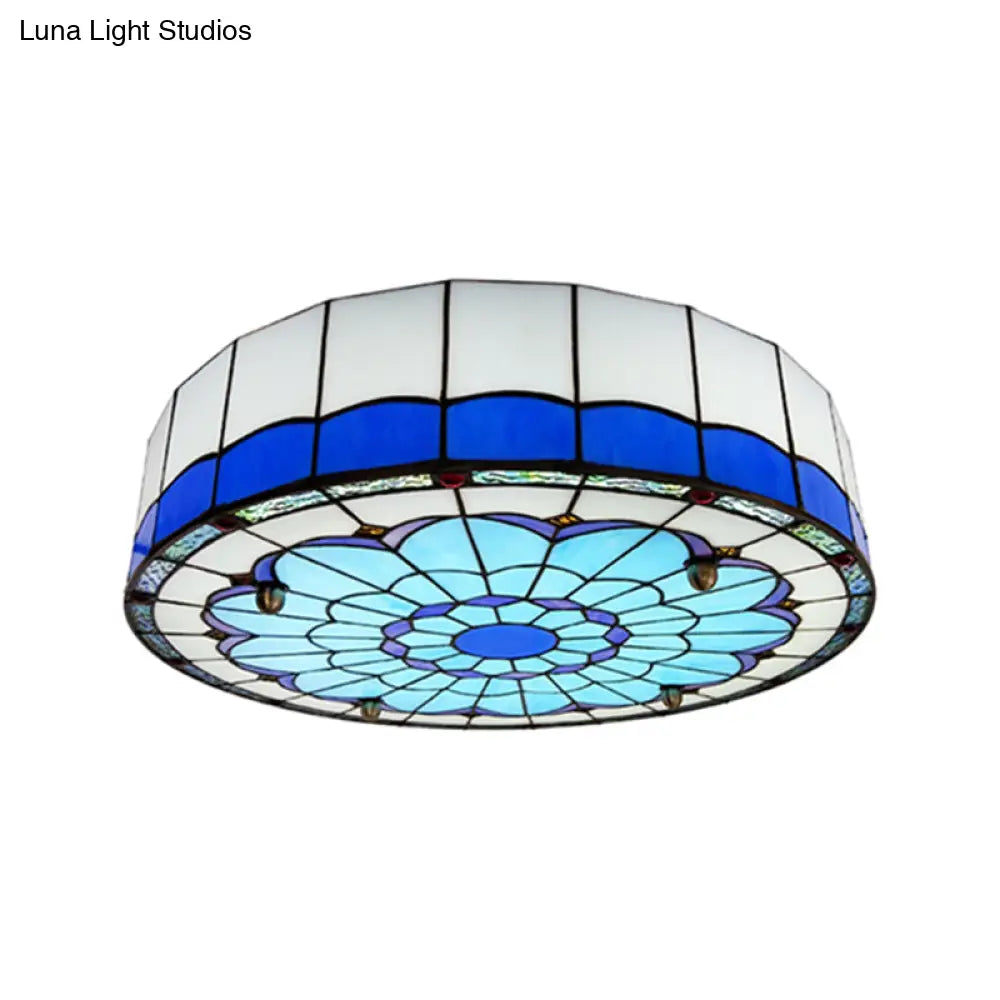 Mediterranean Stained Glass Drum Ceiling Mount Light For Bedroom Blue / 39