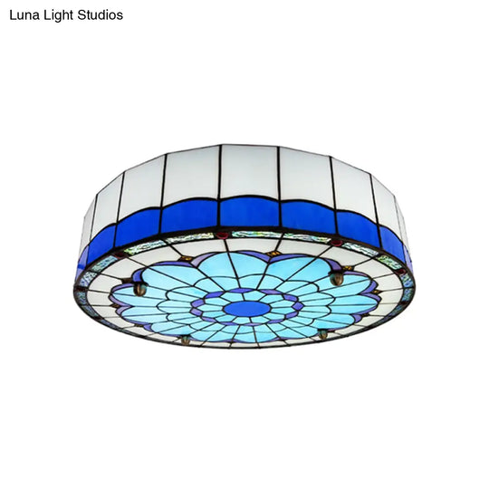 Mediterranean Stained Glass Drum Ceiling Mount Light For Bedroom Blue / 23.5