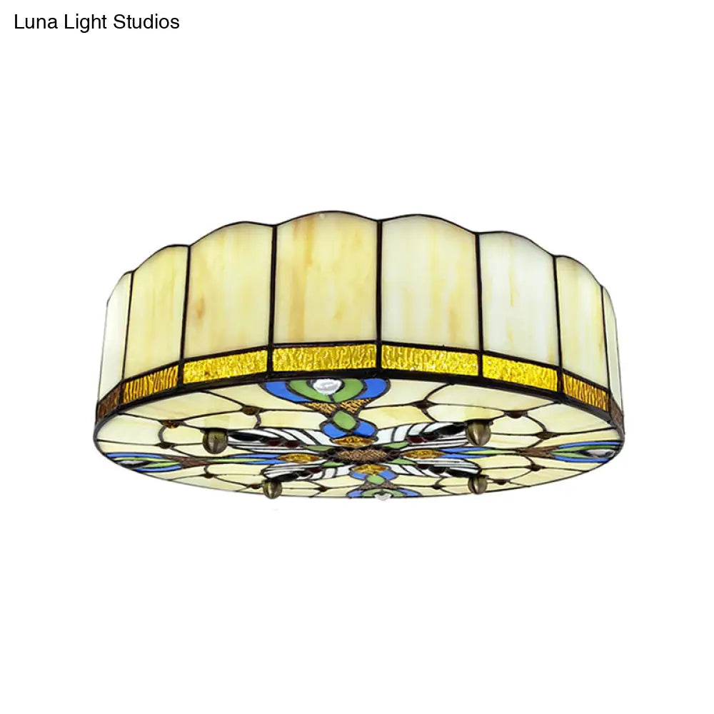 Mediterranean Stained Glass Drum Ceiling Mount Light For Bedroom Beige / 31.5