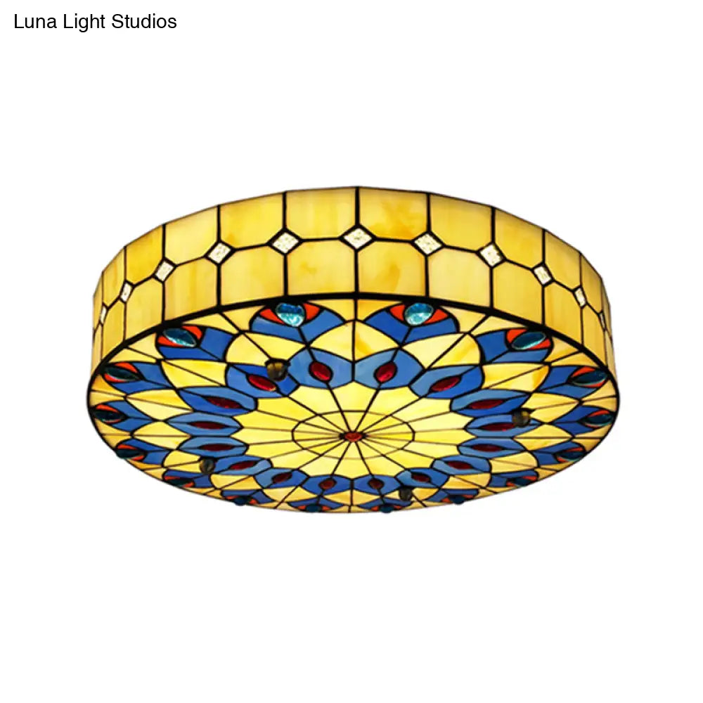 Mediterranean Stained Glass Drum Ceiling Mount Light For Bedroom Yellow / 39