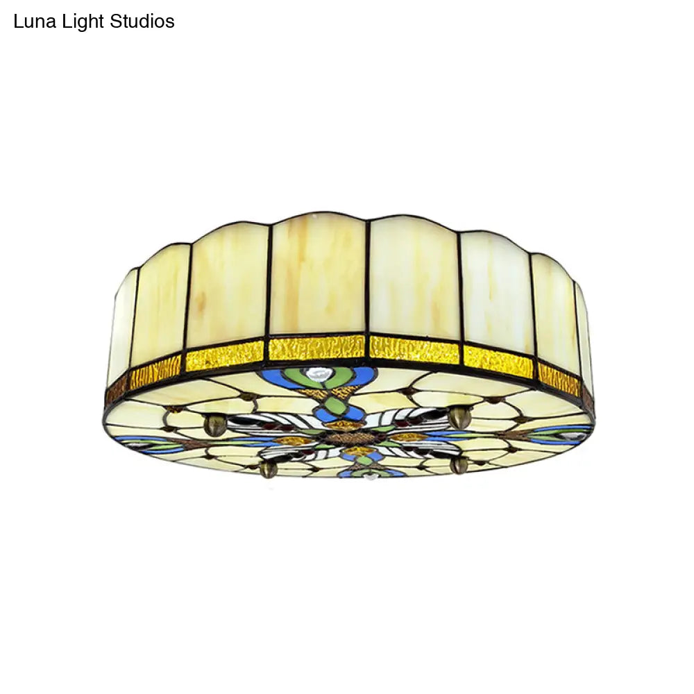 Mediterranean Stained Glass Drum Ceiling Mount Light For Bedroom Beige / 23.5