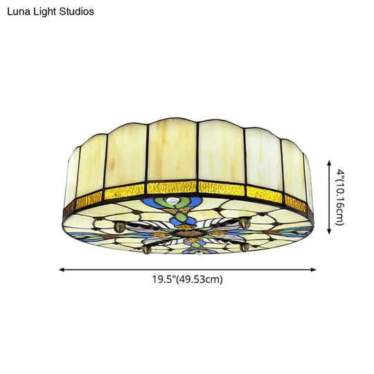 Mediterranean Stained Glass Drum Ceiling Mount Light For Bedroom