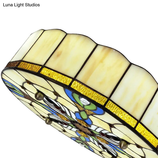 Mediterranean Stained Glass Drum Ceiling Mount Light For Bedroom