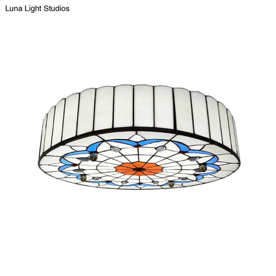 Mediterranean Stained Glass Drum Ceiling Mount Light For Bedroom White / 16