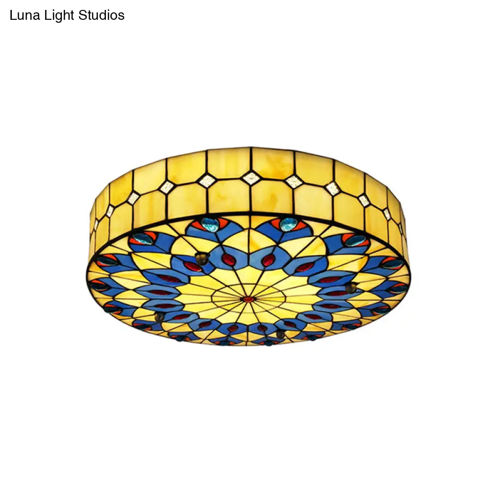 Mediterranean Stained Glass Drum Ceiling Mount Light For Bedroom Yellow / 19.5