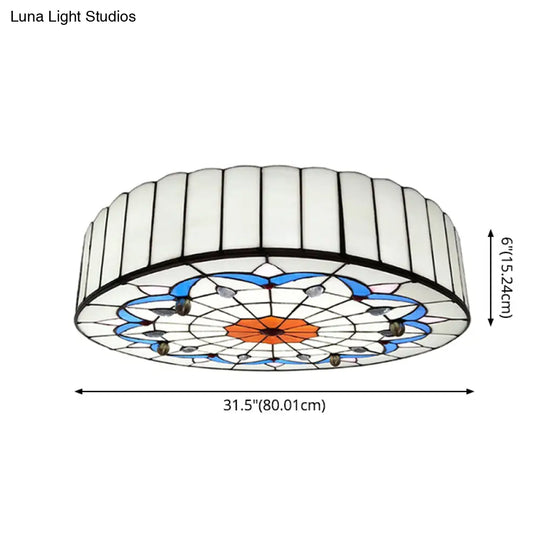 Mediterranean Stained Glass Drum Ceiling Mount Light For Bedroom