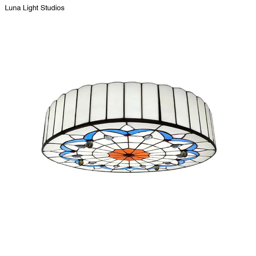 Mediterranean Stained Glass Drum Ceiling Mount Light For Bedroom