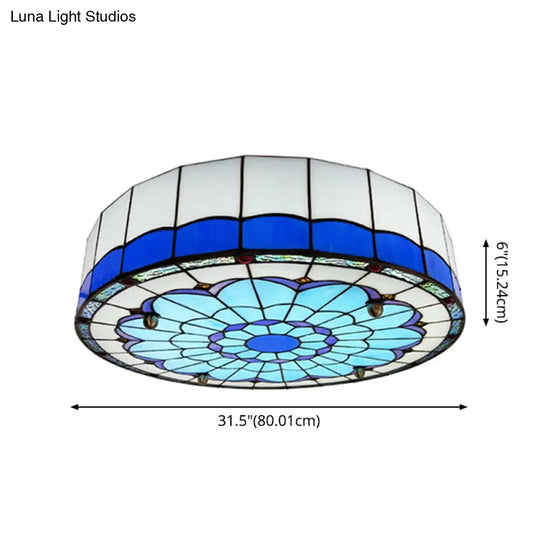 Mediterranean Stained Glass Drum Ceiling Mount Light For Bedroom