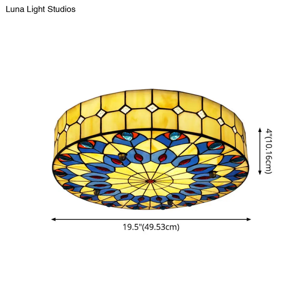 Mediterranean Stained Glass Drum Ceiling Mount Light For Bedroom