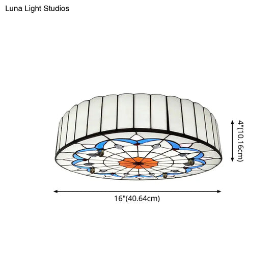 Mediterranean Stained Glass Drum Ceiling Mount Light For Bedroom