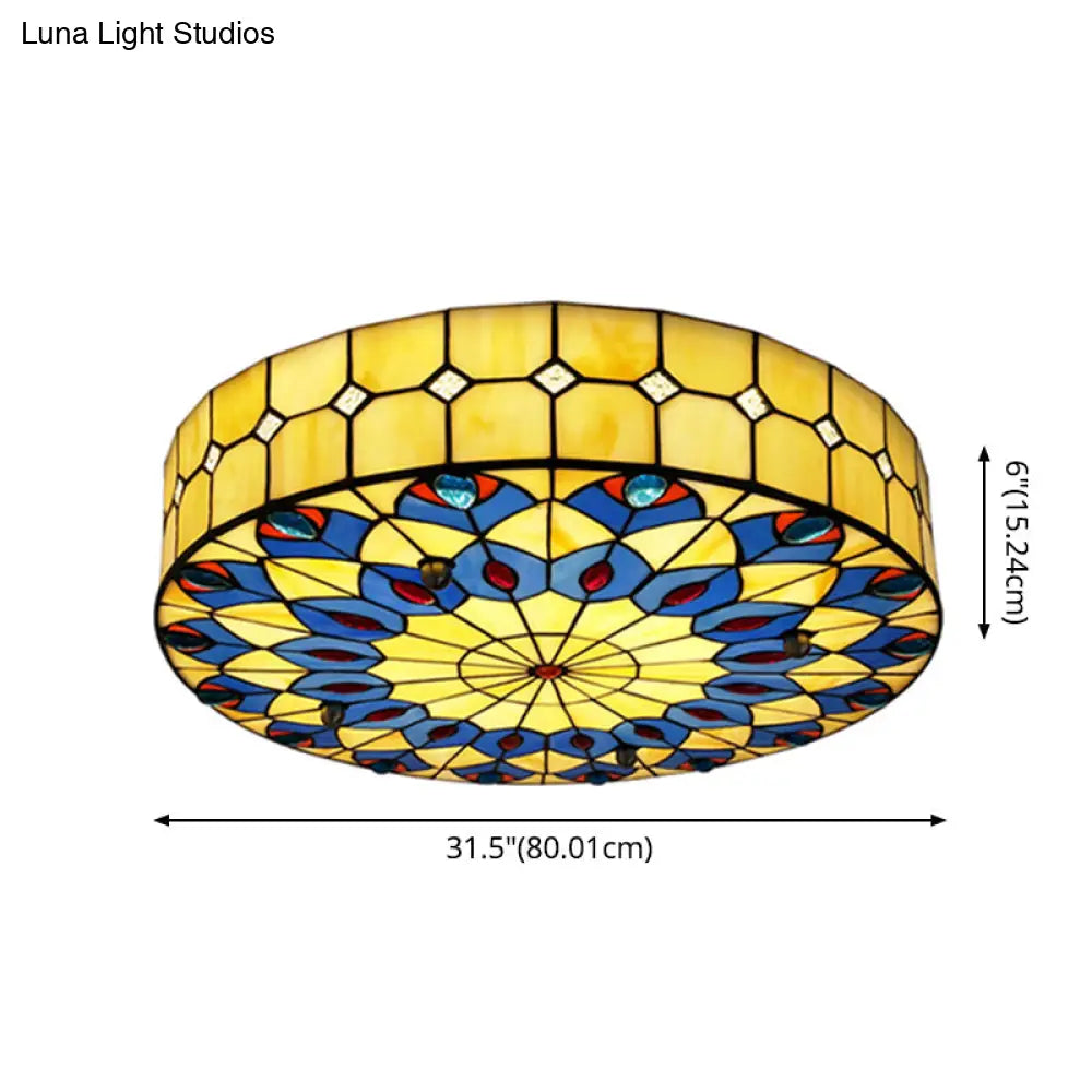 Mediterranean Stained Glass Drum Ceiling Mount Light For Bedroom