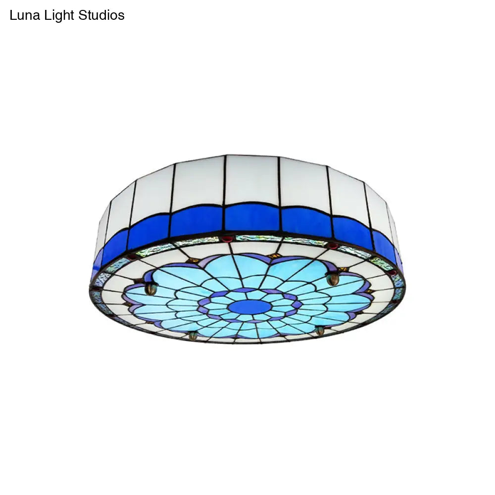 Mediterranean Stained Glass Drum Ceiling Mount Light For Bedroom Blue / 16