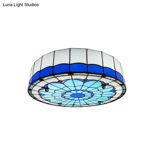 Mediterranean Stained Glass Drum Ceiling Mount Light For Bedroom Blue / 16